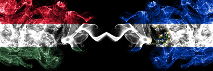 Hungary, Hungarian vs El Salvador, Salvadorian smoky flags side by side.
