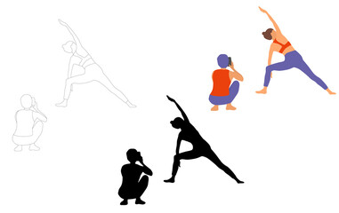 Obraz premium Woman sitting in yoga pose, meditation, photo shoot, silhouette, sketch and cartoon style design in different colors, vector illustration, isolated on white 