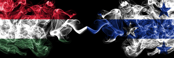 Hungary, Hungarian vs Gambier Islands smoky flags side by side.