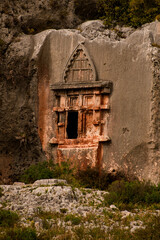 Old lycian rock tomb in Antiphellos ancient city at location Kas, Antalya