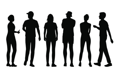 Vector silhouettes of  men and a women, a group of standing and walking business people, black  color isolated on white background