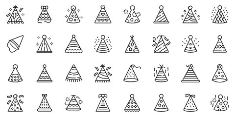 Party hats icons set. Outline set of party hats vector icons for web design isolated on white background