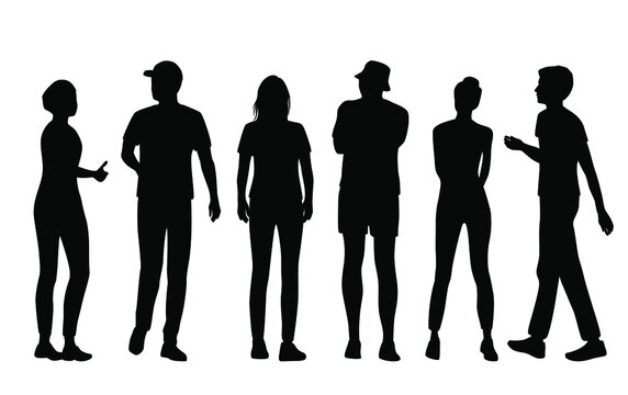 Vector silhouettes of  men and a women, a group of standing and walking business people, black  color isolated on white background
