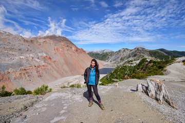 Tourist at the Chaitén volcano, Pumalin National Park, Patagonia, Chaitén, Chile
