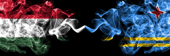 Hungary, Hungarian vs Netherlands, Dutch, Holland, Aruba smoky flags side by side.