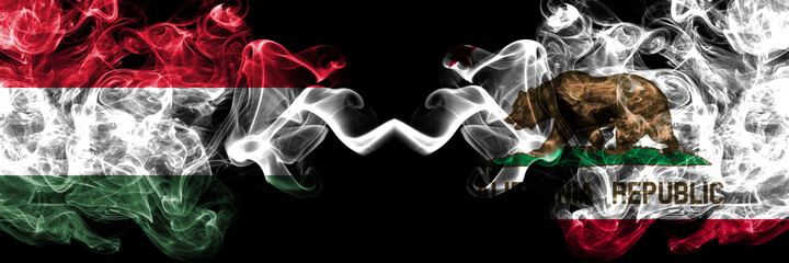 Hungary, Hungarian vs United States of America, America, US, USA, American, California, Californian smoky flags side by side.