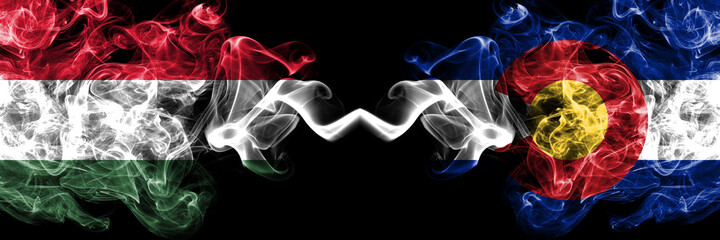 Hungary, Hungarian vs United States of America, America, US, USA, American, Colorado smoky flags side by side.