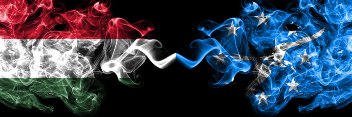 Hungary, Hungarian vs United States of America, America, US, USA, American, Corpus Christi, Texas smoky flags side by side.