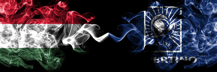 Hungary, Hungarian vs United States of America, America, US, USA, American, Cupertino, California smoky flags side by side.