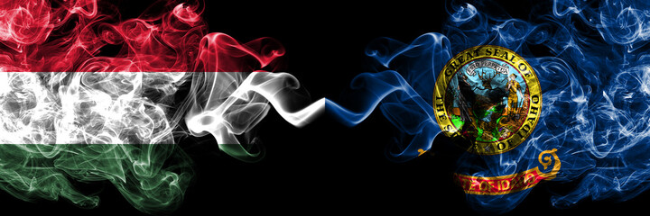 Hungary, Hungarian vs United States of America, America, US, USA, American, Idaho smoky flags side by side.