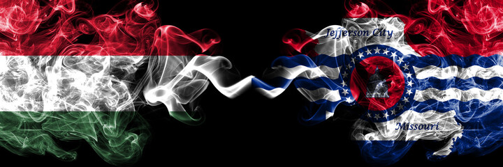 Hungary, Hungarian vs United States of America, America, US, USA, American, Jefferson City, Missouri smoky flags side by side.