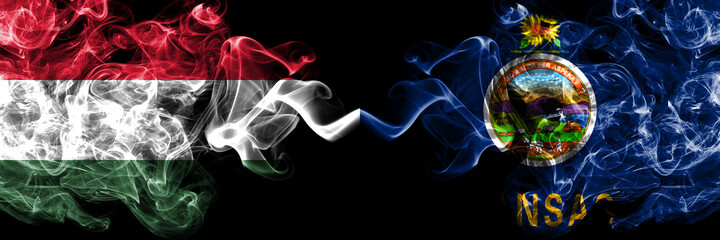 Hungary, Hungarian vs United States of America, America, US, USA, American, Kansas smoky flags side by side.