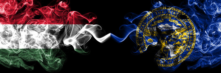 Hungary, Hungarian vs United States of America, America, US, USA, American, Nebraska smoky flags side by side.