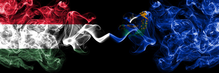 Hungary, Hungarian vs United States of America, America, US, USA, American, Nevada smoky flags side by side.