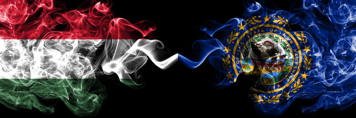 Hungary, Hungarian vs United States of America, America, US, USA, American, New Hampshire  smoky flags side by side.