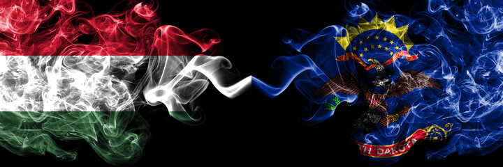 Hungary, Hungarian vs United States of America, America, US, USA, American, North Dakota smoky flags side by side.