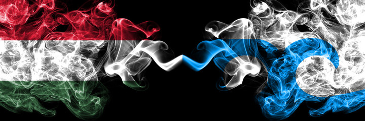 Hungary, Hungarian vs United States of America, America, US, USA, American, Ocean City, Maryland smoky flags side by side.