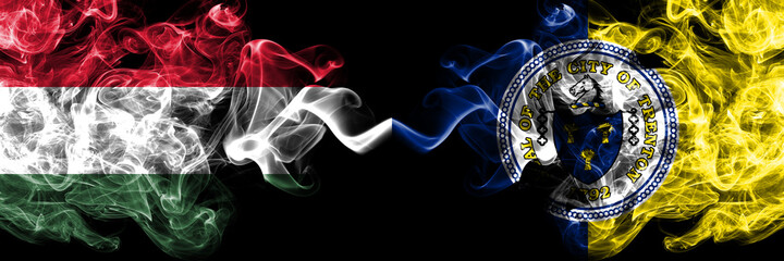 Hungary, Hungarian vs United States of America, America, US, USA, American, Trenton, New Jersey smoky flags side by side.