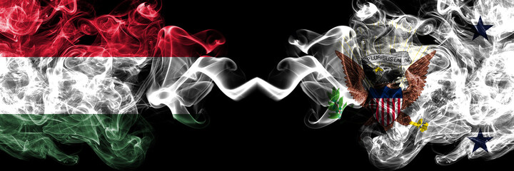 Hungary, Hungarian vs United States of America, America, US, USA, American, Vice President smoky flags side by side.