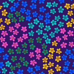 Seamless pattern with blossoming Japanese cherry sakura for fabric, packaging, wallpaper, textile decor, design, invitations, print, gift wrap, manufacturing. Colored flowers on violet background.