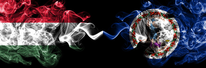 Hungary, Hungarian vs United States of America, America, US, USA, American, Virginia smoky flags side by side.