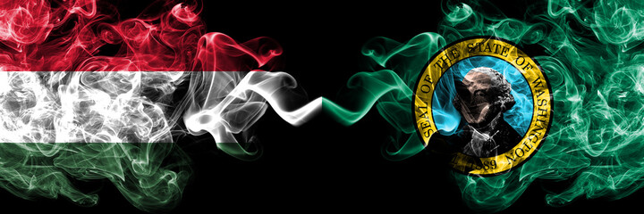 Hungary, Hungarian vs United States of America, America, US, USA, American, Washington smoky flags side by side.