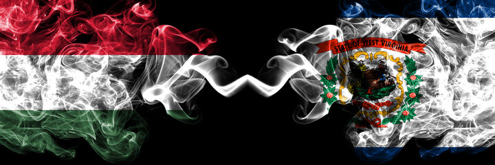 Hungary, Hungarian vs United States of America, America, US, USA, American, West Virginia smoky flags side by side.