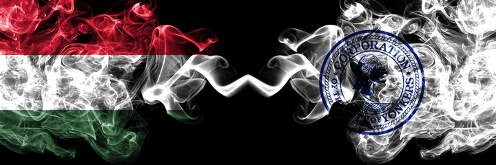 Hungary, Hungarian vs United States of America, America, US, USA, American, Yonkers, New York smoky flags side by side.