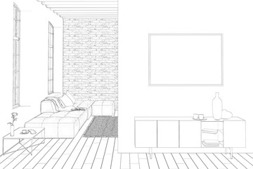 Sketch of the loft interior with a horizontal poster over a curbstone, tiled floor, large arched windows, coffee table, sofa with pillows, and a blanket in the background. 3d render