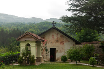 the Saint Nicholas of Myra church entrance in Serbian Orthodox monastery Moracha in Montenegro, founded in 1252, Rascian architectural style