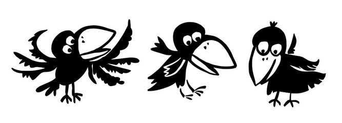 Funny crows. Cheerful cartoon bird. Vector illustration