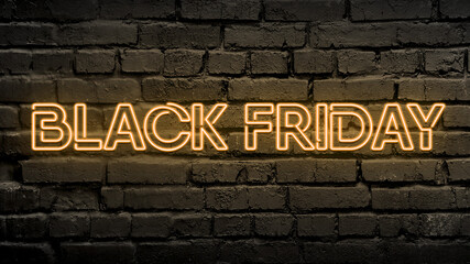 Black Friday. A neon sign on a black brick wall. The concept of big discounts and sales.