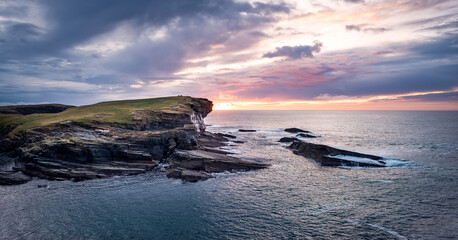 Sunset and cliffs at Yesnaby, Orkney