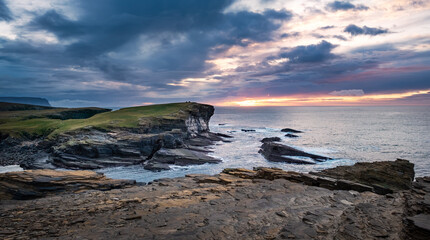 Sunset and cliffs at Yesnaby, Orkney