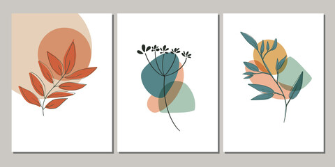 Boho Scandinavian-style minimalist posters set. Vector banners with foliage abstract shapes. Good for wall art or cover print.