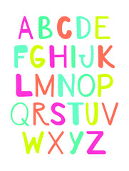 Cute colourful abc. Hand drawing font for children. Isolated vector illustration with alphabet.