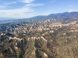 Aerial view of Melnik sand pyramids  near village of Zlatolist, Bulgaria