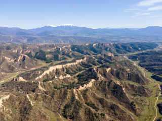 Aerial view of Melnik sand pyramids  near village of Zlatolist, Bulgaria