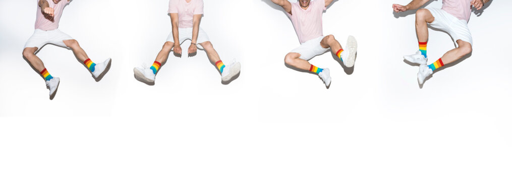 Unrecognizable young men jumping in different positions on white background.