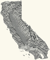 Light topographic map of the Federal State of California, USA with black contour lines on beige background