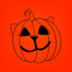 Halloween pumpkins cat. Handdrawn stock vector illustration. Retro style ink sketch.