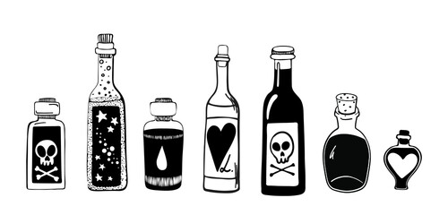Fototapeta na wymiar Set of seven bottles. Love, hate, dead, live. Hand-drawn stock vector illustration. Retro style ink sketch.