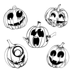 Set of five Halloween pumpkins. Handdrawn illustration on the doodle style.