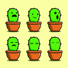 Set Vector cartoon illustrations of green cactus with emotions. Funny emotions character collection for kids. Fantasy characters. 