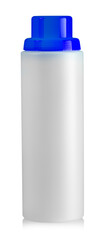 The white plastic bottle with a blue cover on white background
