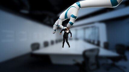 robot arm is selecting an employee in front of an office background