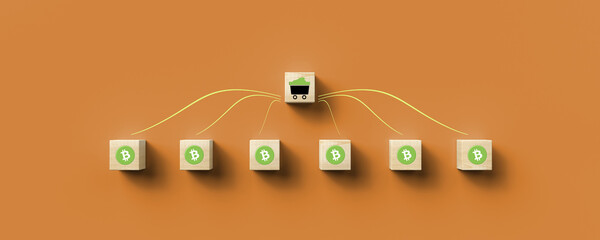 bitcoin mining rewards concept on orange background