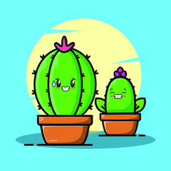 Vector cartoon illustrations of green cactus with happy emotions. Funny emotions character collection for kids. Fantasy characters. 