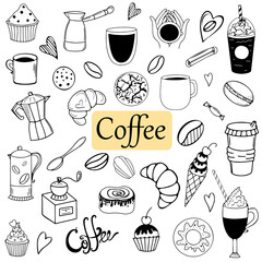 Vector doodle illustration on the theme of coffee and desserts, coffee time collection 