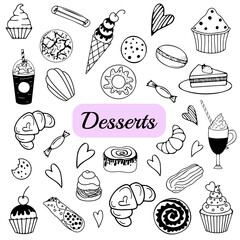Vector doodle illustration of desserts. Sweet set. Simple icons for menu.